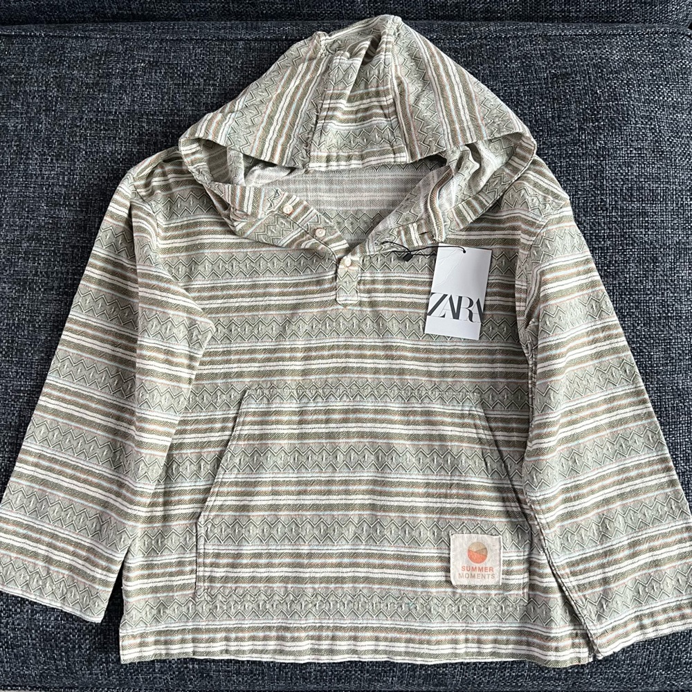 NWT Zara Boys Hooded Striped Pouch Pocket Shirt Size 9-10